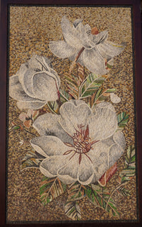 Intricate floral mosaic artwork featuring white magnolia blooms with rich earthy tones and detailed textured background