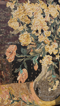 Intricate mosaic artwork depicting a vase of blooming flowers in warm hues — detailed craftsmanship with textured tiles.