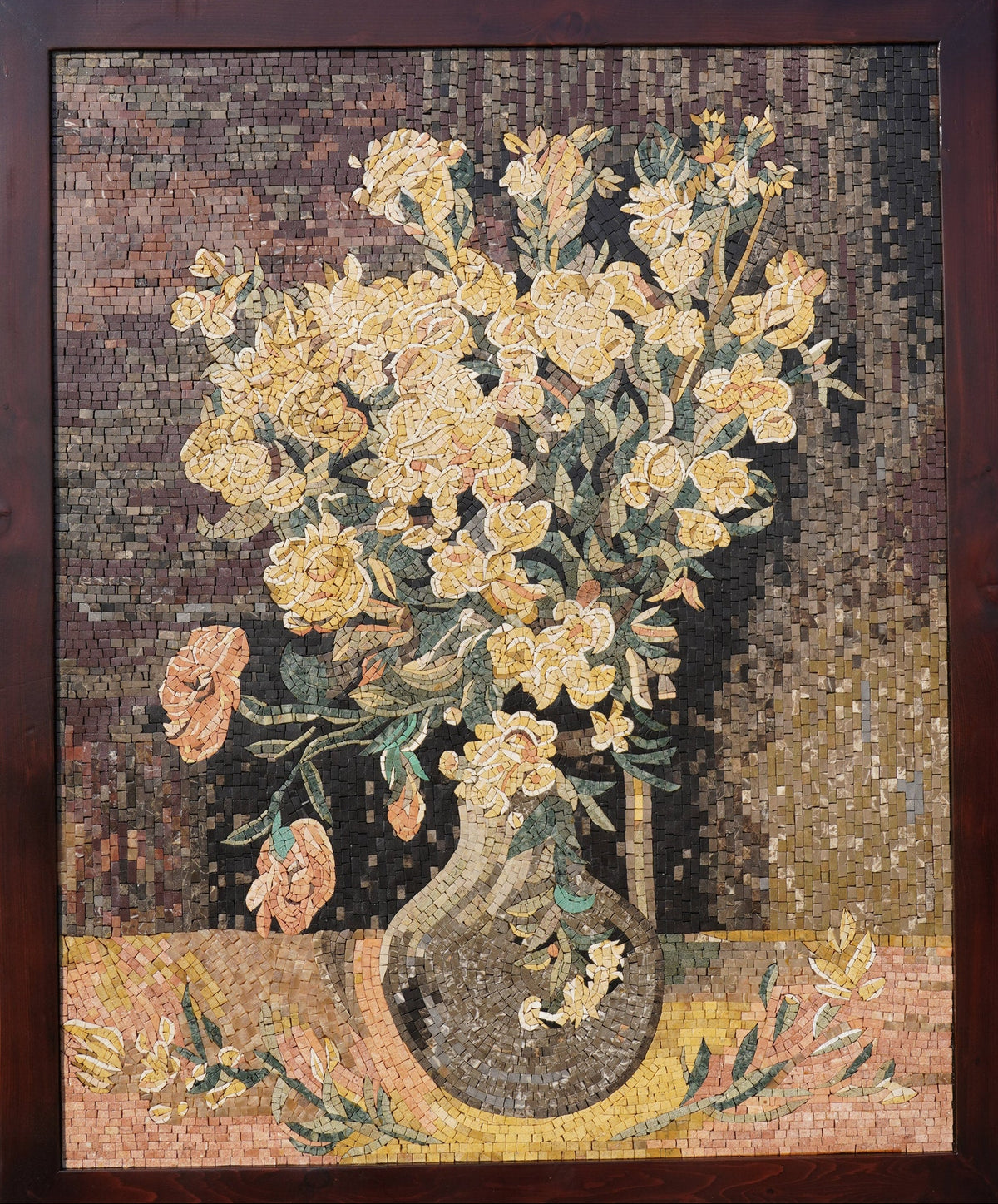 Intricate mosaic artwork featuring a floral arrangement in a vase — vibrant yellows and greens with detailed textures.