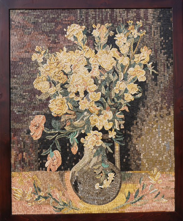 Golden Blossoms in a Vase Handcrafted Floral Mosaic