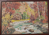 Vivid autumn landscape tapestry featuring a flowing river surrounded by colorful trees and textured rocks in warm hues.