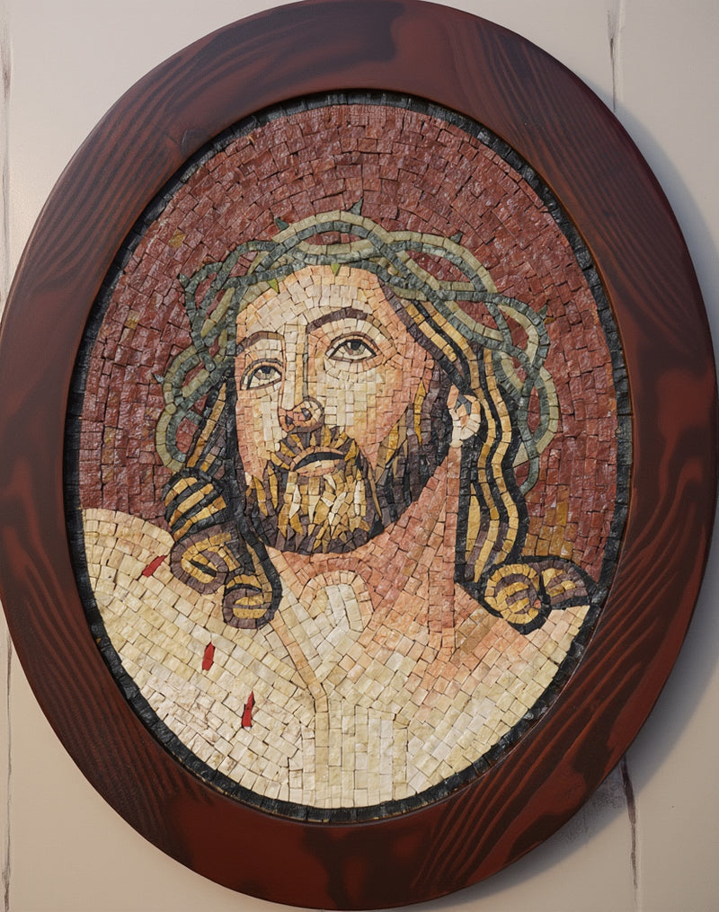 Intricate mosaic artwork depicting a serene figure with flowing hair and a detailed beard, framed in a rich wooden oval.