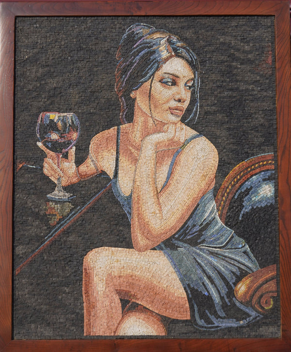 Intricate mosaic artwork featuring a woman in a blue dress holding a glass of wine — detailed craftsmanship with rich textures.