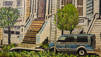 Vibrant mosaic artwork depicting a blue SUV parked beside lush green trees and a staircase — intricate tile patterns create depth.