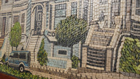 Intricate mosaic artwork depicting a neighborhood scene with detailed textures and vibrant greenery surrounding homes