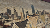Intricate mosaic artwork depicting a city skyline with detailed textures and muted colors showcasing architectural diversity
