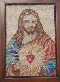 Intricate mosaic artwork depicting a figure with long hair and a colorful robe — featuring a radiant heart at the center