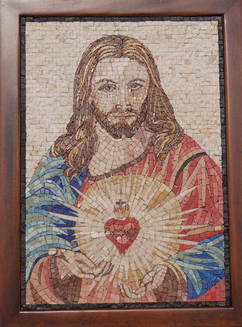 Intricate mosaic artwork depicting a figure with long hair and a colorful robe — featuring a radiant heart at the center