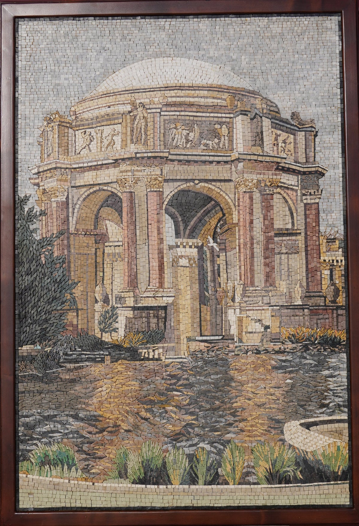 Intricate mosaic artwork depicting a grand architectural structure with detailed stone textures and vibrant greenery.