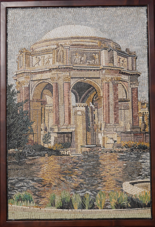 Intricate mosaic artwork depicting a grand architectural structure with detailed stone textures and vibrant greenery.
