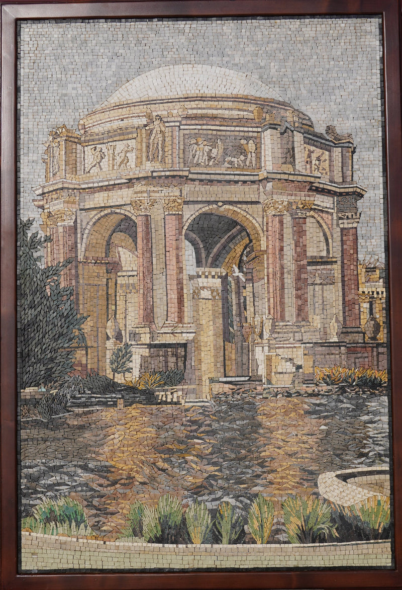 Intricate mosaic artwork depicting a grand architectural structure with detailed stone textures and vibrant greenery.