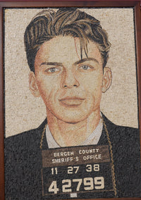 Mosaic portrait of a young man with dark hair, showcasing intricate tile work and a vintage mugshot backdrop