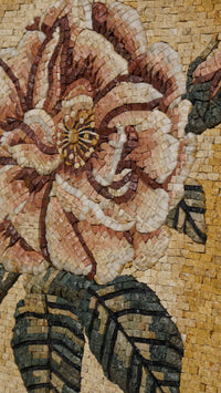 Intricate floral mosaic featuring soft pink and cream petals with detailed green leaves — a stunning decorative art piece