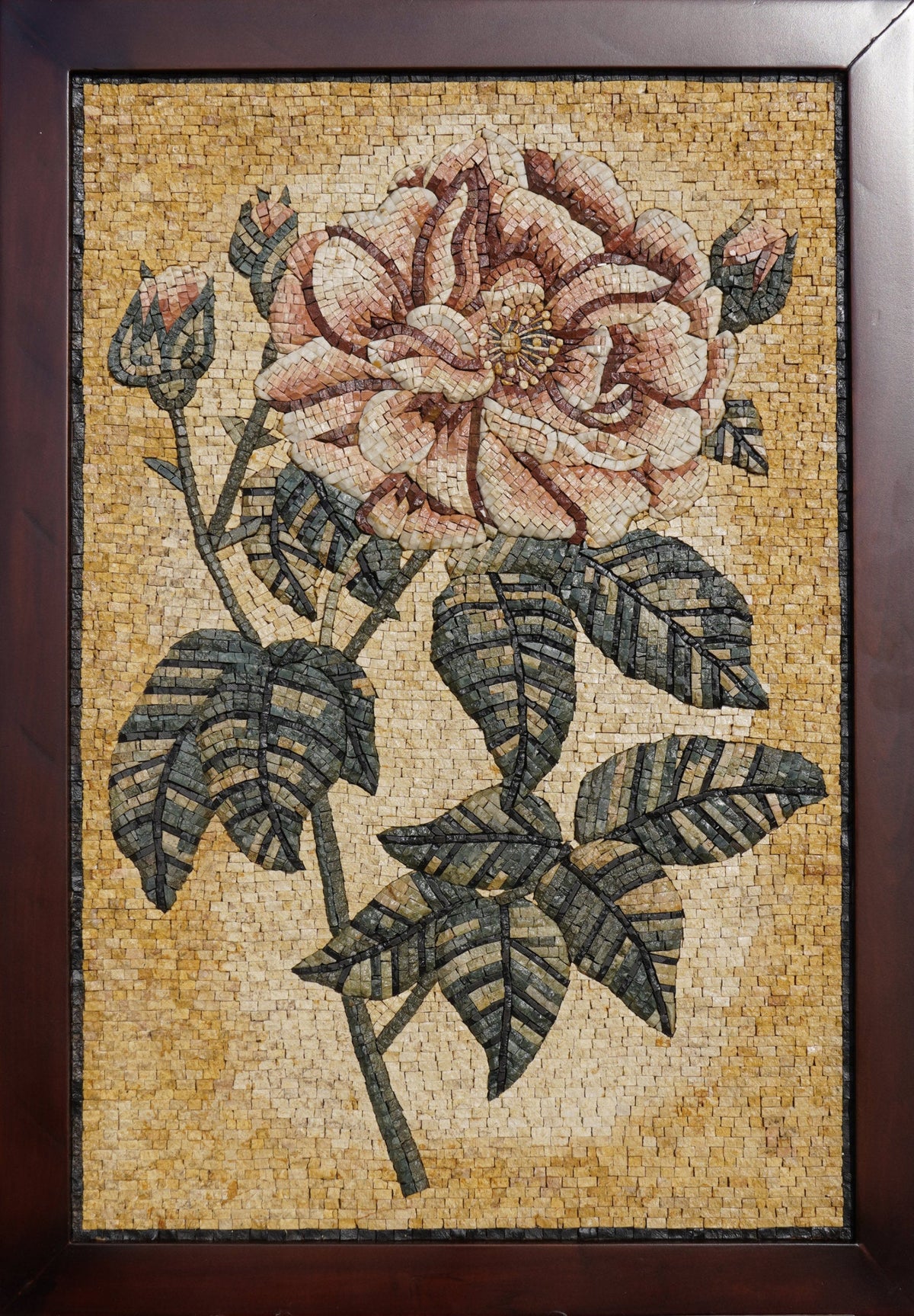 Intricate floral mosaic artwork featuring a pink rose with detailed green leaves against a textured golden background