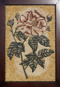 Intricate floral mosaic artwork featuring a pink rose with detailed green leaves against a textured golden background