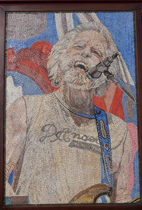 Vibrant mosaic artwork depicting a musician singing passionately — intricate tile details capturing expressive emotion.