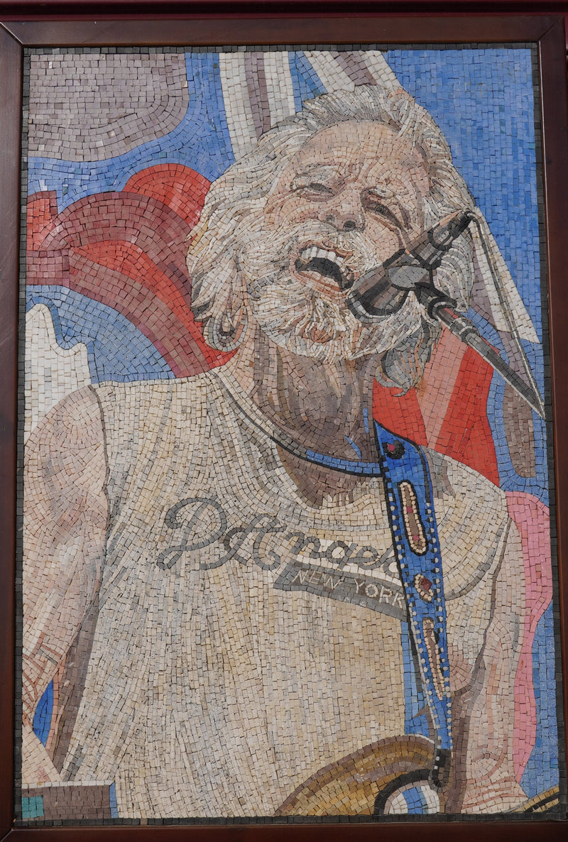 Vibrant mosaic artwork depicting a musician singing passionately — intricate tile details capturing expressive emotion.