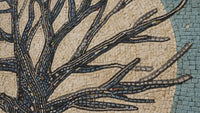 Intricate mosaic artwork featuring a stylized tree design with earthy tones and vibrant accents on a textured background.