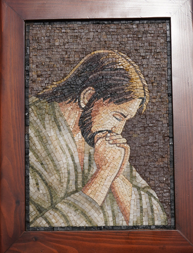 Intricate mosaic artwork depicting a contemplative figure with a textured stone finish framed in rich wood.