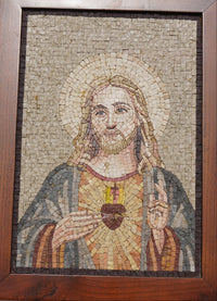 Intricate mosaic art featuring a serene Jesus Christ with a radiant halo — detailed craftsmanship in natural stone tiles