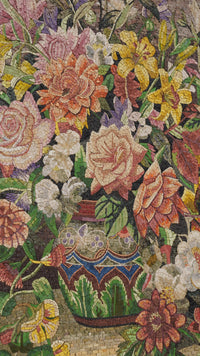 Vibrant floral mosaic art featuring intricate roses and lilies in a colorful arrangement with a decorative vase