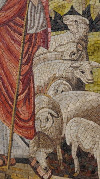 Intricate mosaic artwork depicting a historical scene with vibrant red drapery and detailed animal figures in natural hues