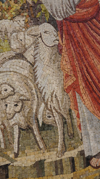 Intricate mosaic artwork featuring sheep in natural tones — a detailed depiction of pastoral life and craftsmanship.