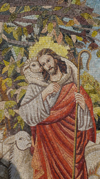 Intricate mosaic artwork depicting a shepherd with a staff embracing a sheep, showcasing vibrant colors and detailed textures.