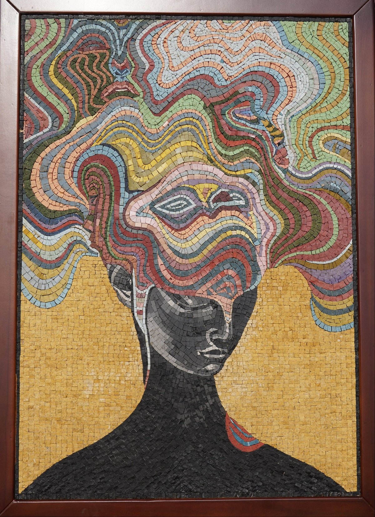 Striking mosaic art featuring a black silhouette with vibrant, flowing hair in multicolored tiles against a golden background