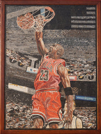 Dynamic mosaic artwork featuring a basketball player in a red jersey soaring for a dunk against a cheering crowd background