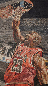 Dynamic mosaic artwork featuring a basketball player in a red Chicago Bulls jersey — capturing the intensity of the game.