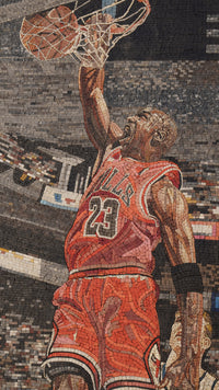 Dynamic mosaic artwork depicting a basketball player in a red jersey — vibrant tiles capturing the energy of the slam dunk