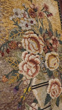 Intricate floral tapestry featuring a bouquet of roses and blossoms in warm earth tones — crafted with textured fibers for depth.