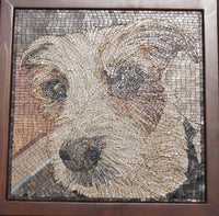 Intricate mosaic artwork depicting a dog's face with a variety of textured tiles in earthy tones and subtle shading