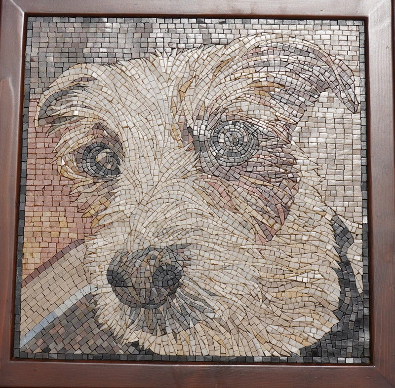 Intricate mosaic artwork depicting a dog's face with a variety of textured tiles in earthy tones and subtle shading