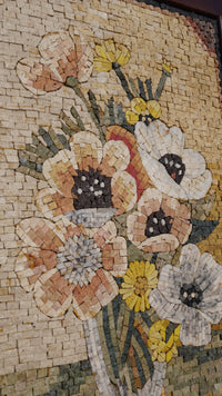 Intricate floral mosaic art featuring a bouquet of colorful flowers in a textured stone finish — a vibrant display of craftsmanship.