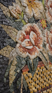 Intricate floral mosaic art featuring vibrant red and cream petals with green leaves set against a dark background