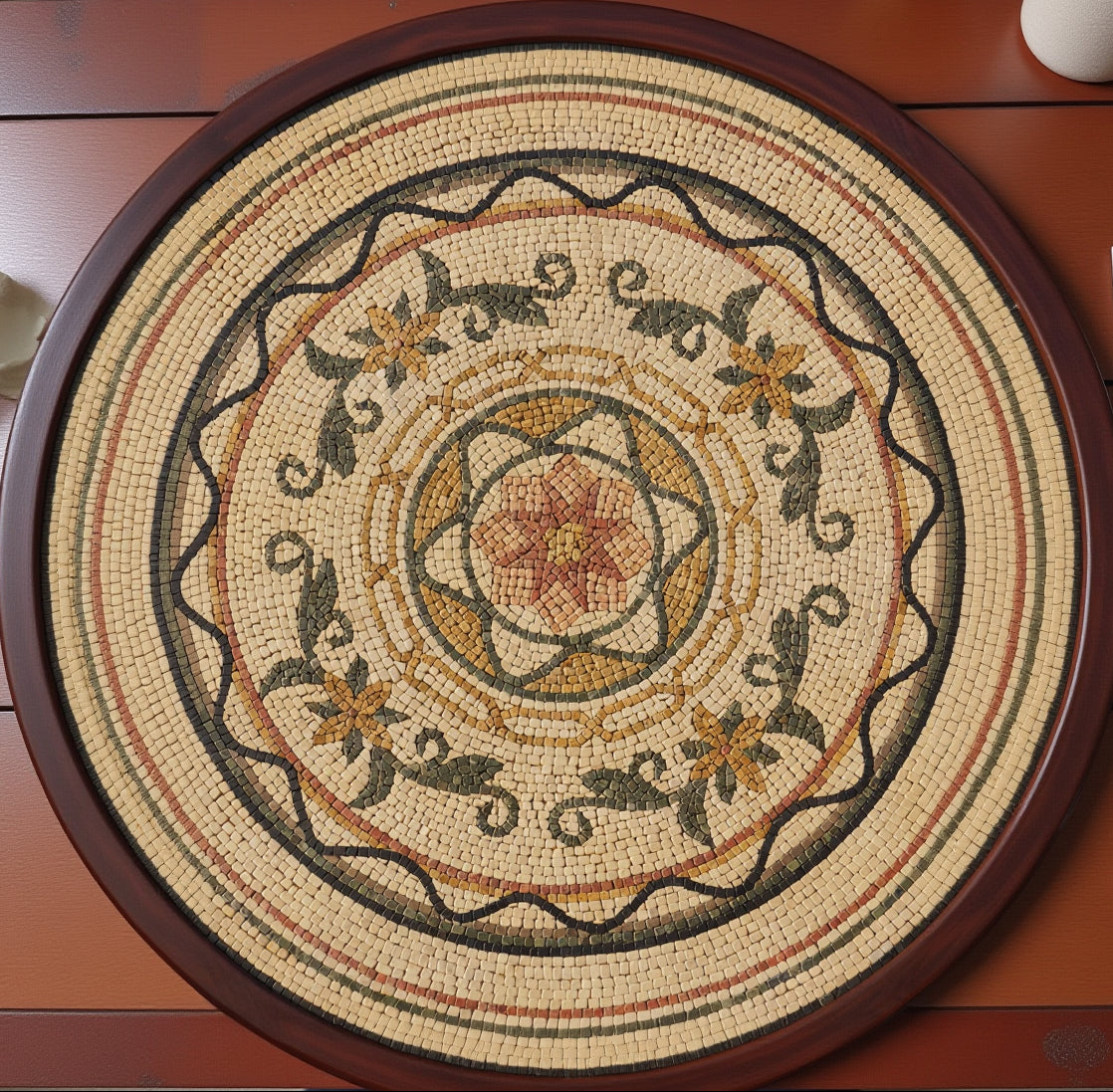 Intricate woven decorative tray featuring a floral mandala design in earthy tones and a rich wooden border for added elegance