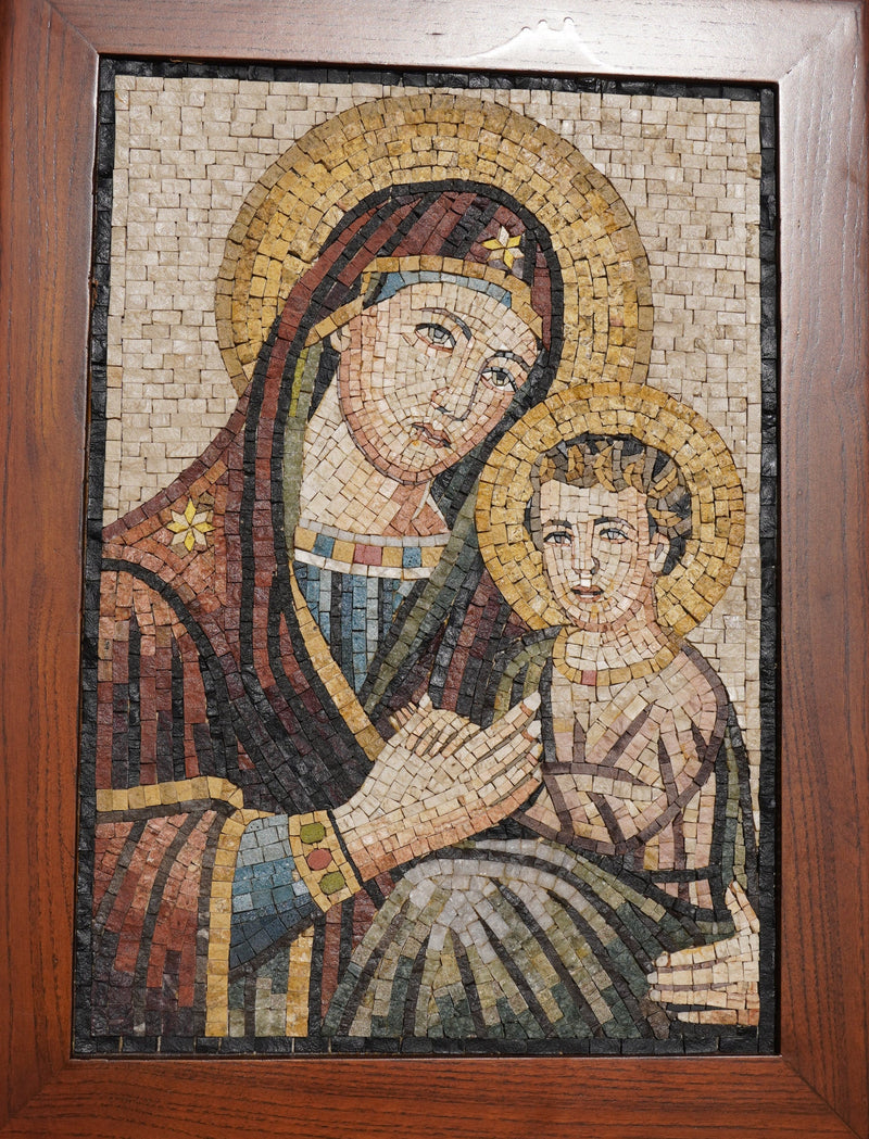 Intricate mosaic artwork featuring a serene Madonna holding a child, framed in rich brown wood with detailed textures.