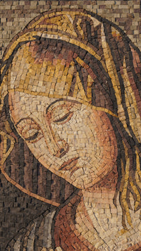 Intricate mosaic artwork depicting a serene woman’s face with warm earth tones and textured stone details