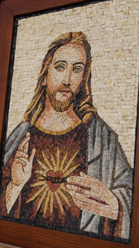 Sacred Heart of Jesus – Framed Handcrafted Natural Stone Mosaic Wall Art