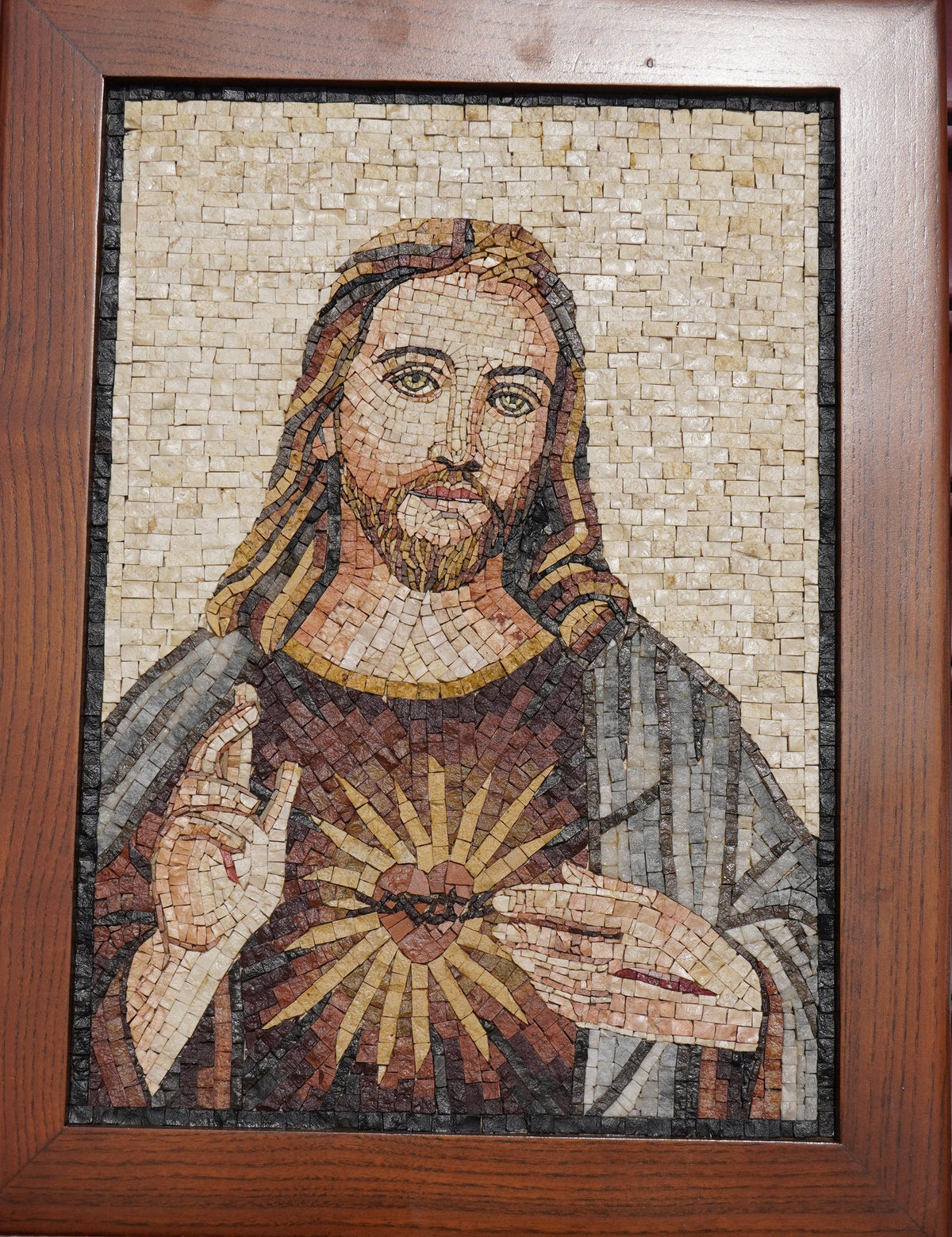 Sacred Heart of Jesus – Framed Handcrafted Natural Stone Mosaic Wall Art