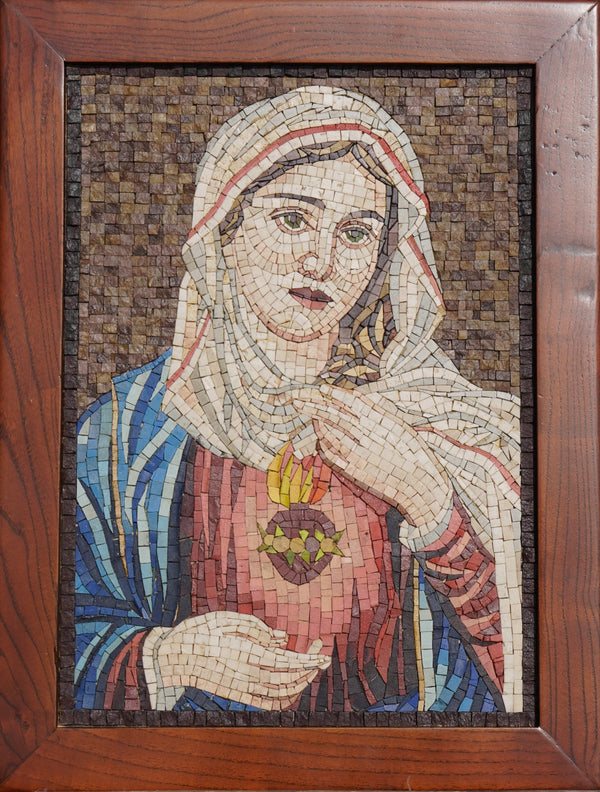 Intricate mosaic artwork depicting a serene figure with a blue and red robe, framed in rich wooden detailing.