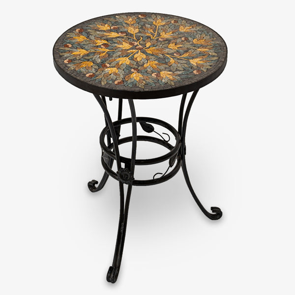 Intricately designed mosaic side table featuring a floral pattern in earthy tones with a sturdy wrought iron base